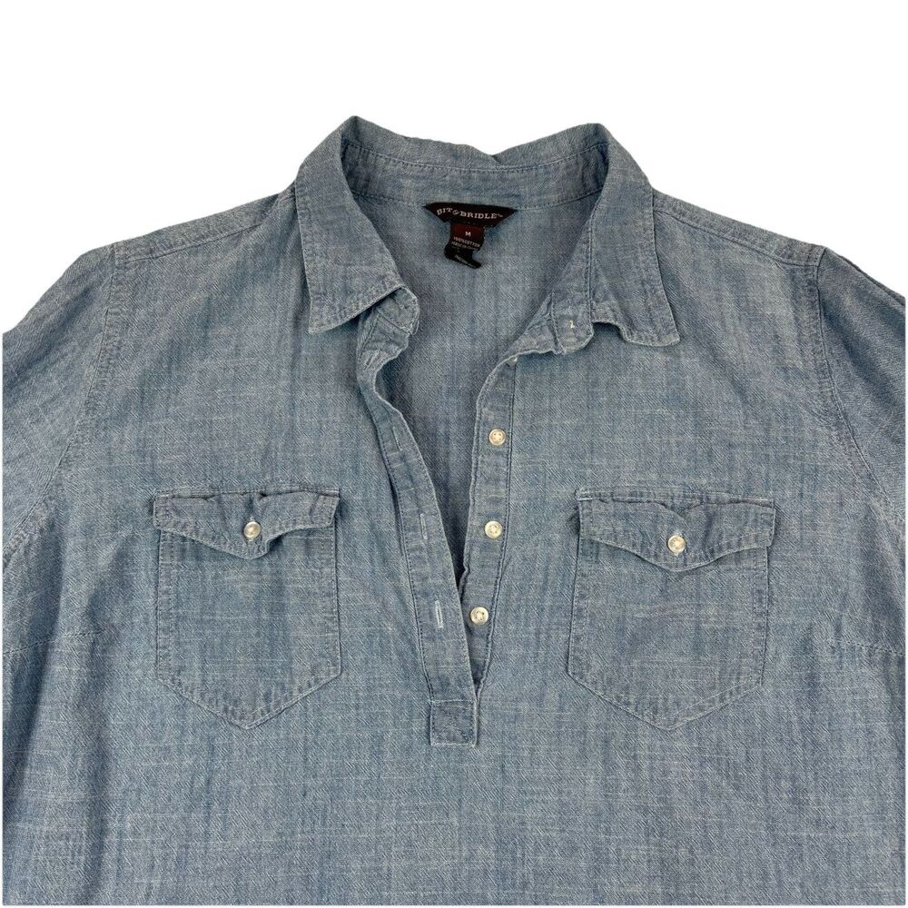 Bit And Bridle Chambray Shirt Dress Henley Collared Long Sleeve Womens M Blue